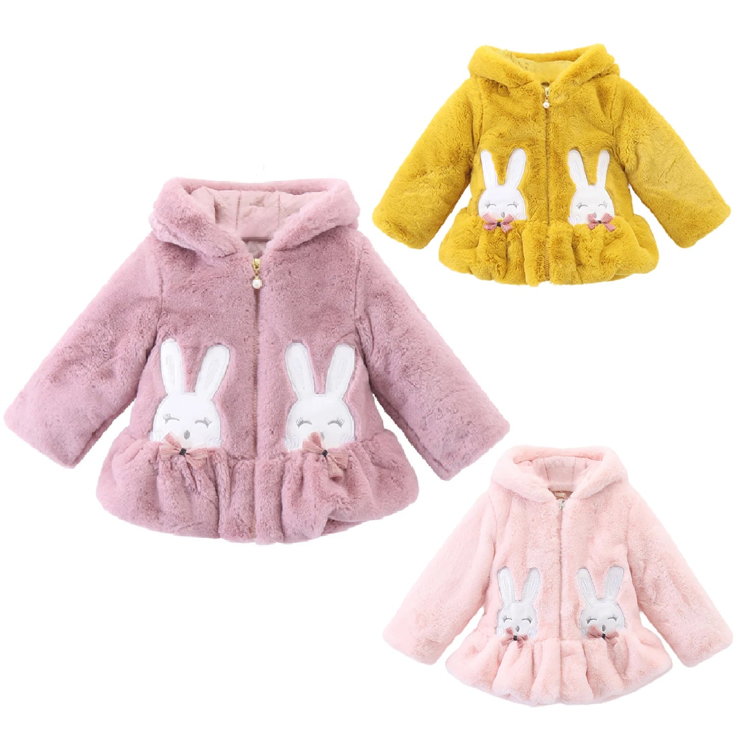 Infant Baby Girls Winter Warm Clothes Long Sleeve Hooded Fuzzy Cute Rabbit Jacket Coat Zipper Outerwear Schooling Daily Wear