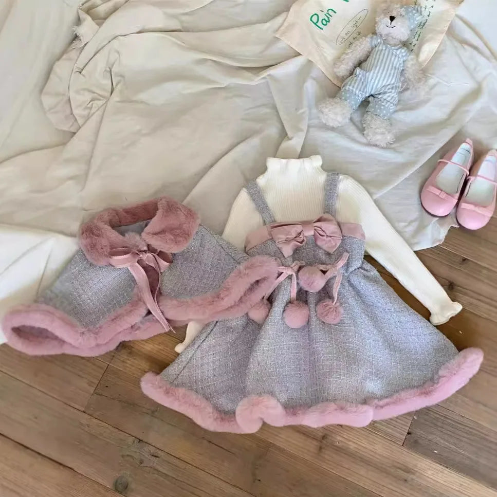 Girls Suit 2024 Winter New Childrens Wear Korean Style Girl Baby Sweet Ball Ball Dress Furry Cloak Coat 3-piece Casual Simple