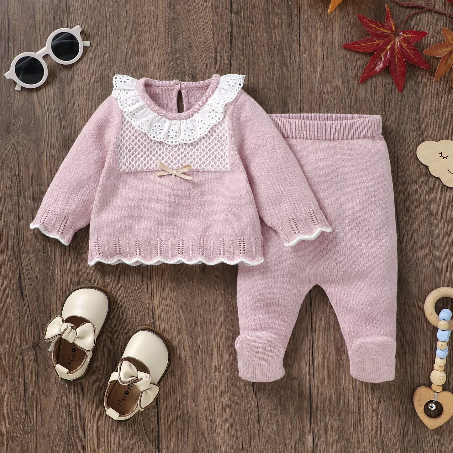 2pcs New Born Infant Clothes Spring Autumn Winter Toddler Kids Girls Crew Neck Long Sleeve Sweaters Tops+Pants Outfits 0-9M Wear