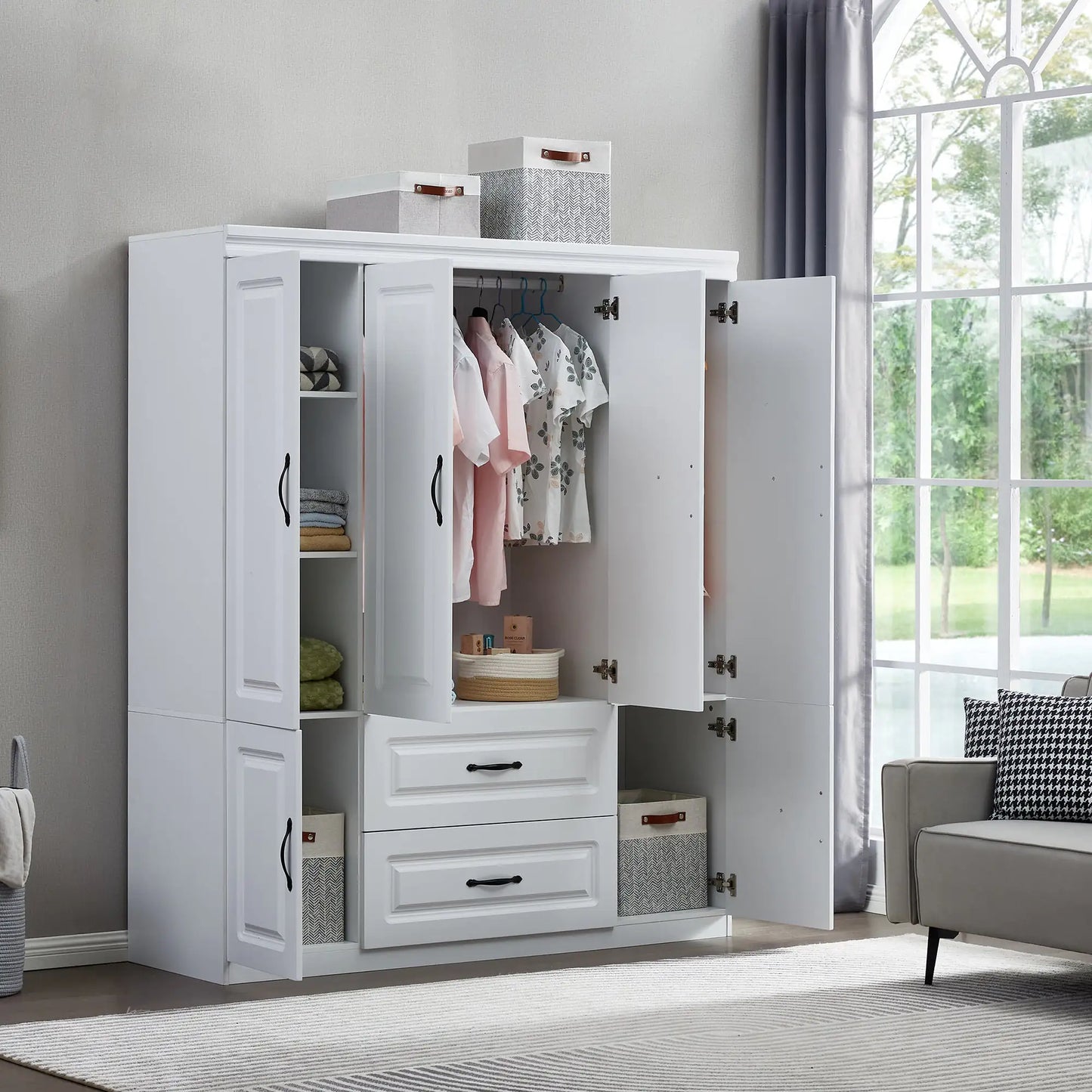 YG-15 74" H White Solid Wood Freestanding Wardrobe Closet for Clothes Storage.