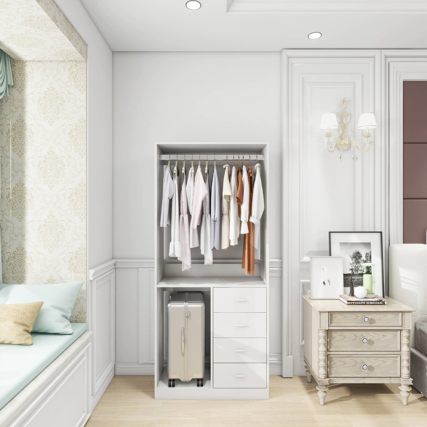 White Wood Closet System Storage Stand-Alone Wardrobe